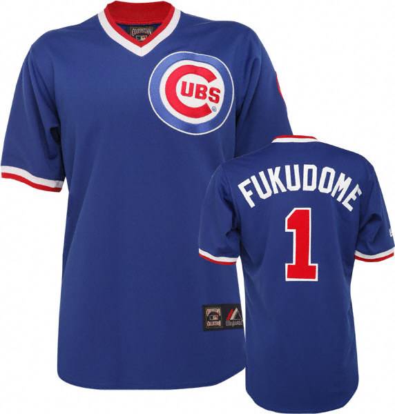 Mitchell and Ness Cubs #1 Kosuke Fukudome Stitched Blue Throwback MLB Jersey - Click Image to Close